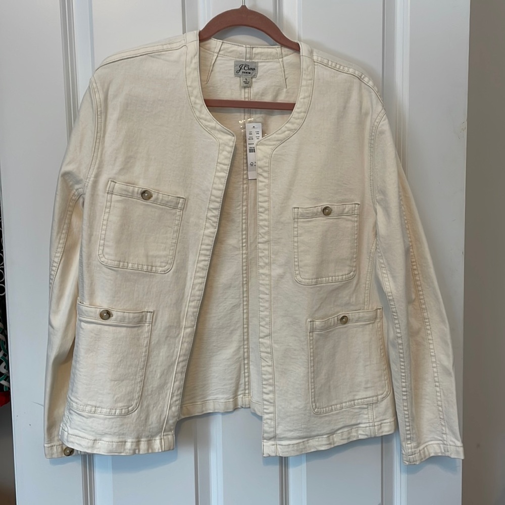 J Crew off white denim jacket with tan stitching